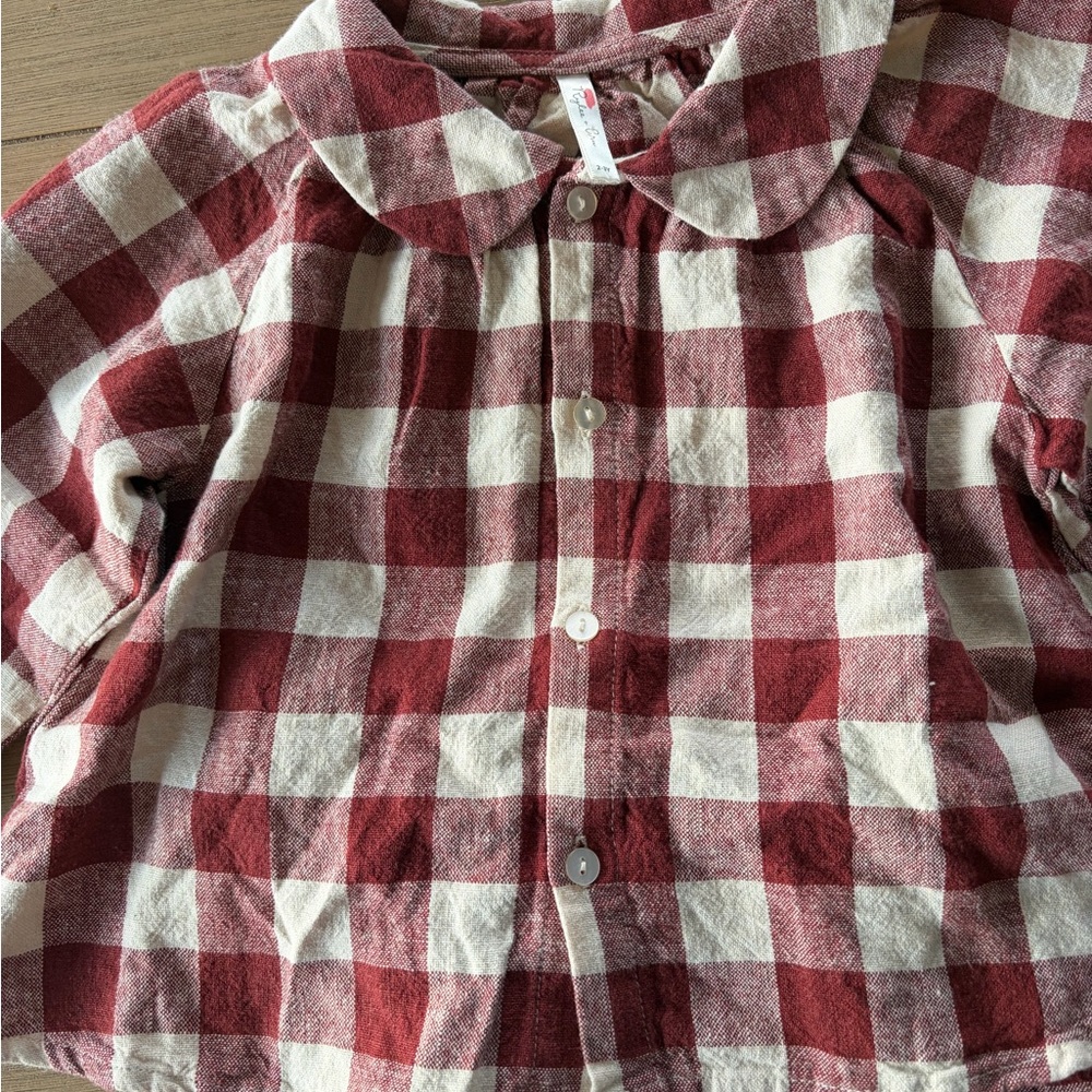 Rylee + Cru Burgundy and Cream Checkered Shirt and bloomers set, linen 2-3y - Picture 3 of 7